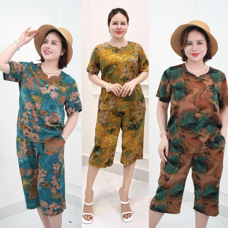 HCE Combo 3 bộ, Đồ Bộ Trung Niên cho mẹ , Áo Cổ Tròn, Quần Suông Lửng Ngang Gối Vải Luạ Nhập cao cấp Nữ Women Top