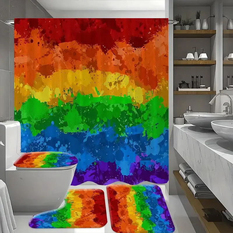 Rainbow Pattern Shower Curtain with 12 Hooks, 1 Count Colorful Bathroom Curtain and 1 Count U-shaped Mat & 1 Count Toilet Lid Cover, Bathroom Decor Supplies 7