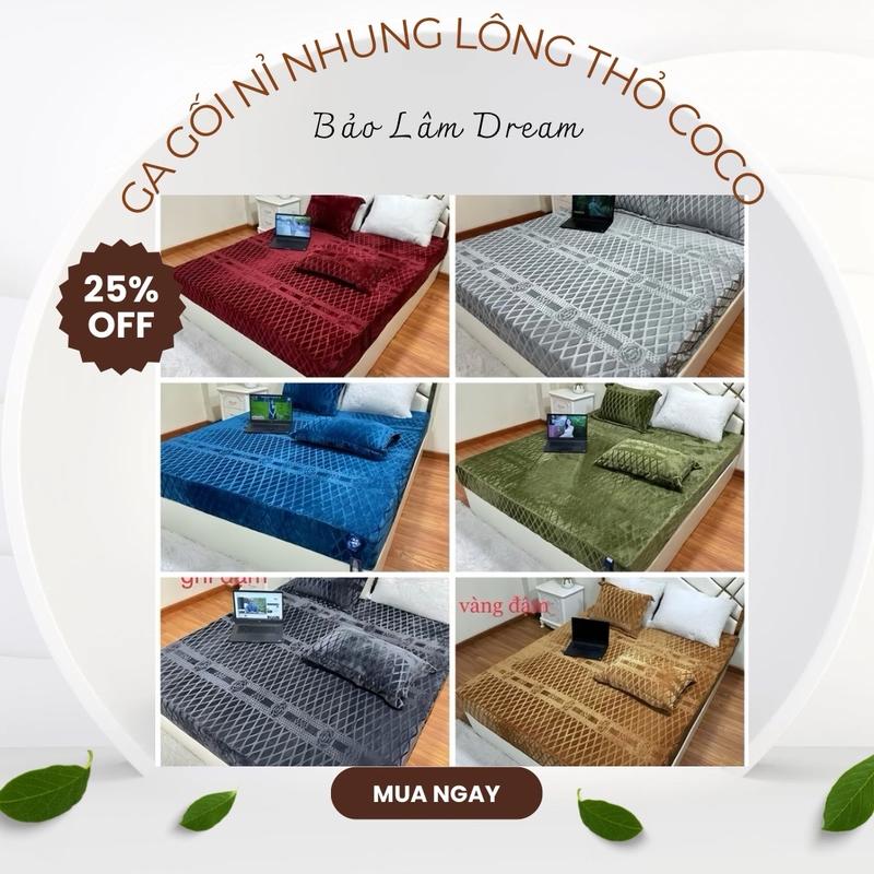 Bộ Ga Gối Nỉ Nhung CoCo 3 Món - 1 Ga Bọc Chun và 2 Vỏ Gối 50x70 (Dùng cho nệm 5-15cm) ga giường ngủ, ga nỉ nhung coco