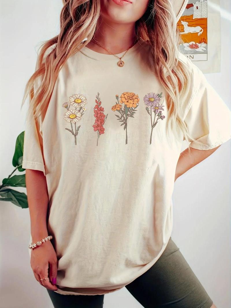 Product Introduction of Women's Floral Print Drop Shoulder Tee, Casual Half Sleeve Round Neck T-Shirt for Summer, Ladies Clothes for Daily Wear 6