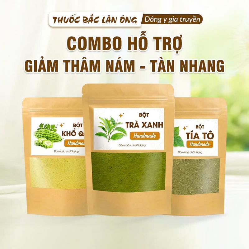 Combo đắp mặt nạ dưỡng da (bột khổ qua + bột trà xanh + bột tía tô), ủ body, đắp mask skincare