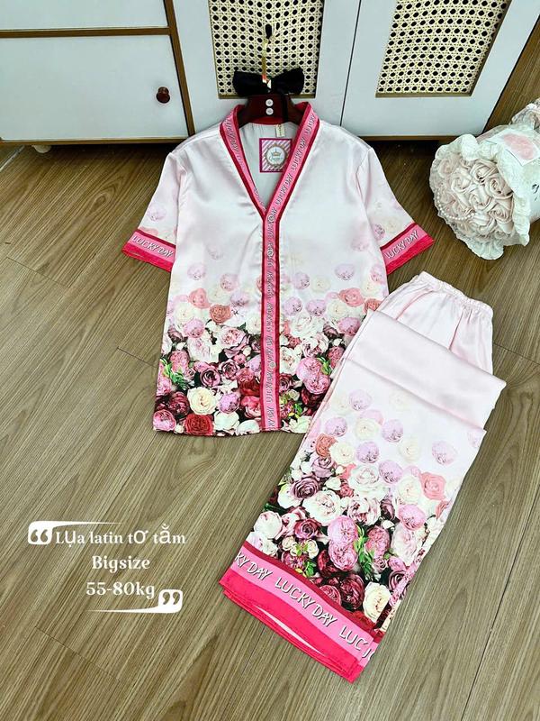 Size 60-75KG- Bigsize Bộ Lụa Latin Tơ Tằm Cổ Tim Tay Ngắn Quần Dài In 5D TNQD Mềm Mát Mặc Nhà Cao Cấp Women Nữ 6