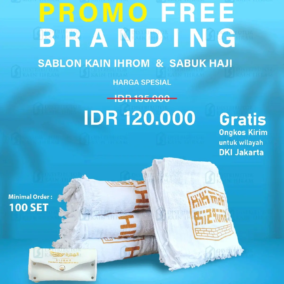 Kain Ihram Pria Dewasa Kain Ihrom Laki-laki Sablon dan Sabuk Haji Sabuk Ihrom Branding Nama/Logo Travel