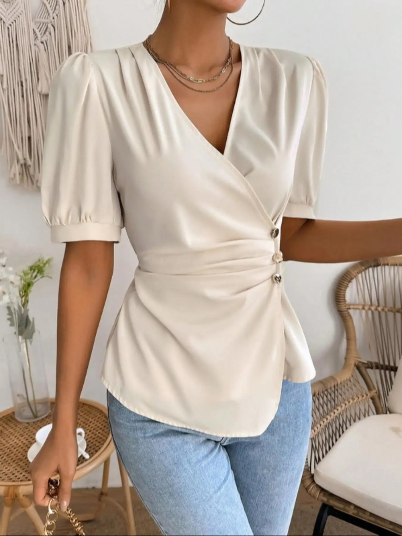 Women's Plain Asymmetrical Hem Blouse, Elegant   Button Top for Summer, Ladies Clothes for Daily Wear