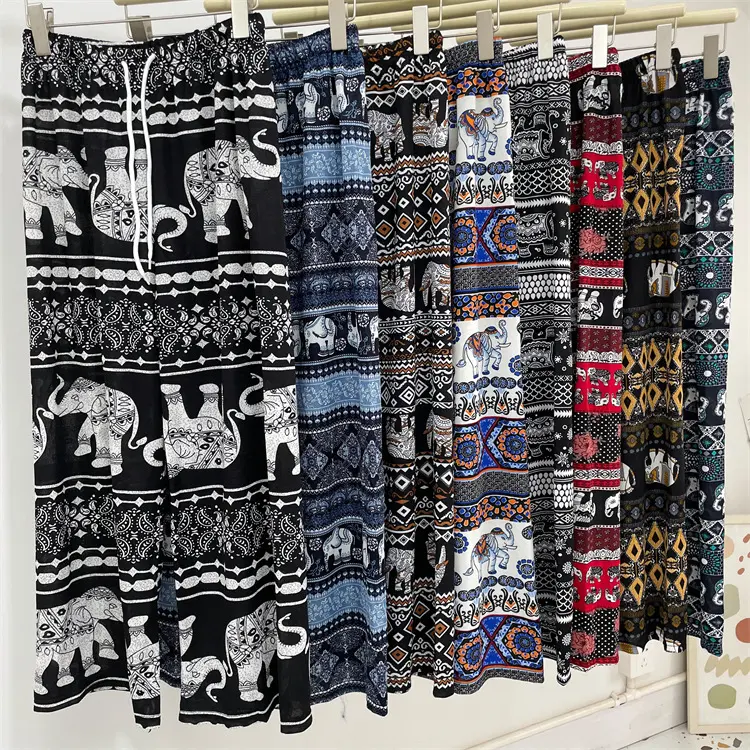 2025 Elephant Wide-Leg Pants for Women Southeast Asian Spring Summer Ethnic Style High-Waisted Straight-Leg Beach Pants baggy  pants  women