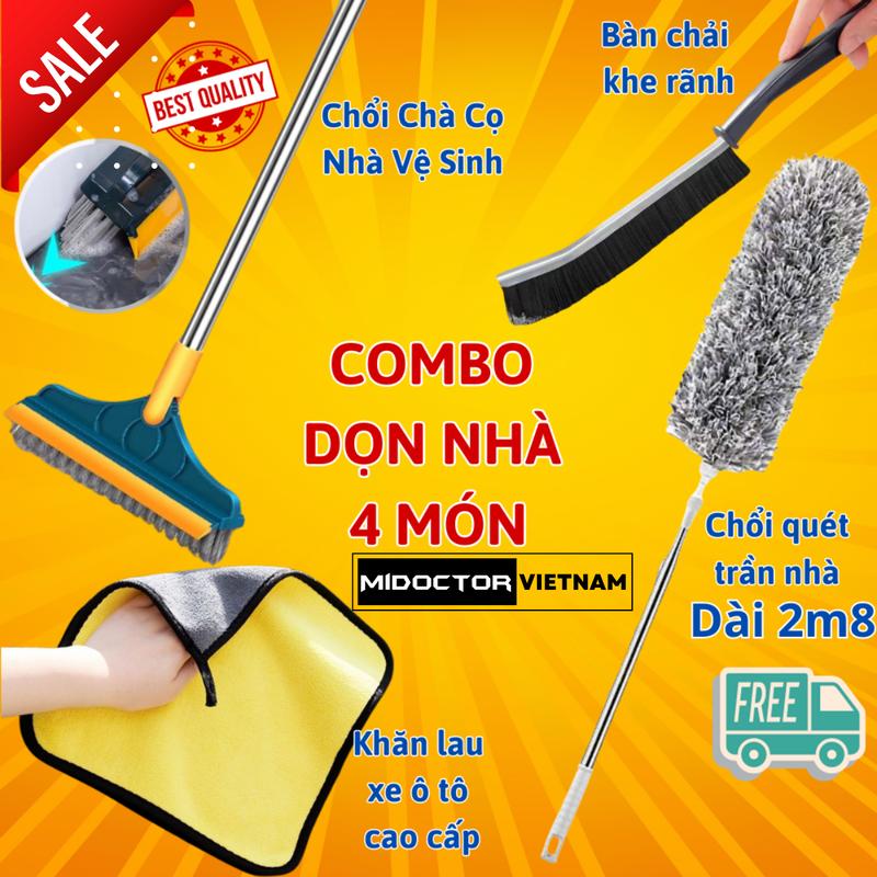  Combo Dọn Nhà 3 - 4 Món : Chổi Chà Cọ Nhà Vệ Sinh + Chổi Quét Trần Nhà + Bàn Chải Khe Hẹp Góc Cạnh + Khăn Lau Xe Ô Tô Cao Cấp cây  gạt 