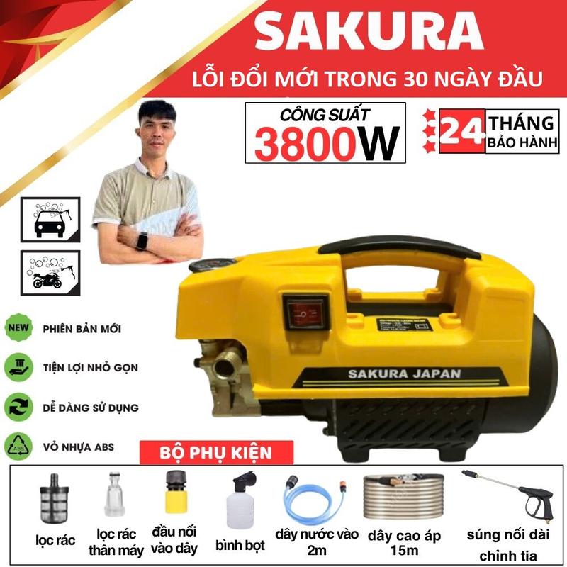 Máy Rửa Xe Sakura 3800W CAO CẤP - [ Bảo Hành 24 tháng ] - CHÍNH HÃNG - Lõi Đồng 2025 - Đầy đủ phụ kiện -  Dây dài 15m
