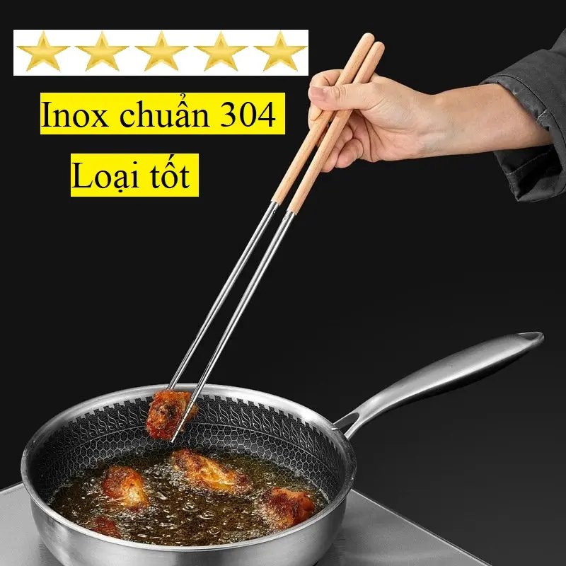 Đũa dài chiên xào nấu thức ăn tiện lợi, bằng thép không gỉ, chịu nhiệt cao, tay cầm gỗ bền đẹp