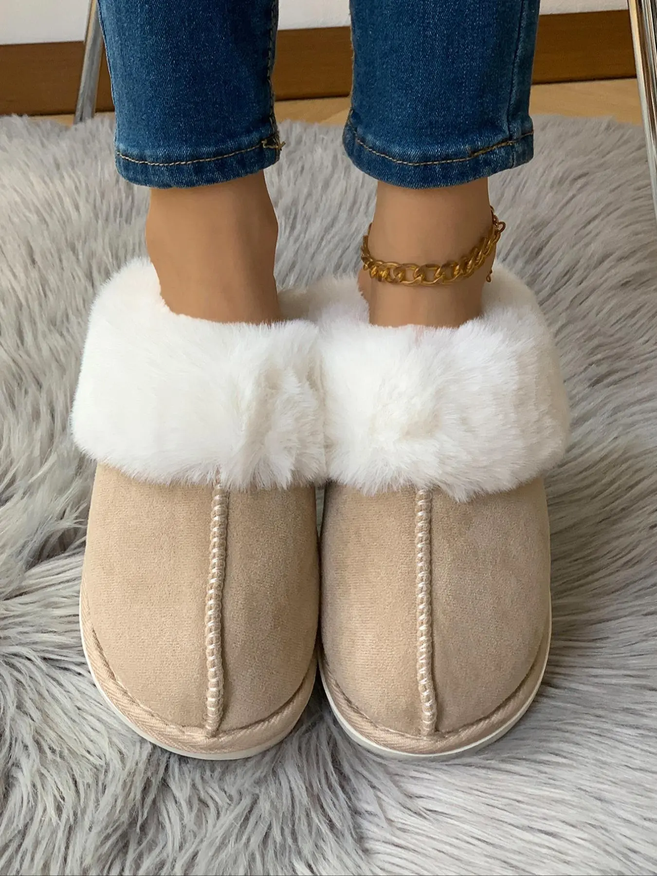 Autumn Outfits 2024 Women's Solid Color Contrast Faux Fur Slippers, Casual Soft Comfortable Home Slippers for Fall & Winter, Fluffy House Shoes for Indoor and Outdoor, Autumn Winter Outfit