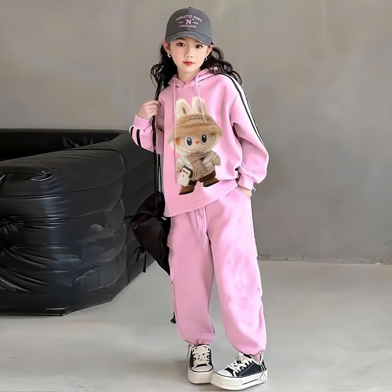 Sét bộ nỉ mũ tàu dày dặn in hình labubu 5D dành cho bé gái 10-44kg chất liệu mềm mịn ấm áp MS07