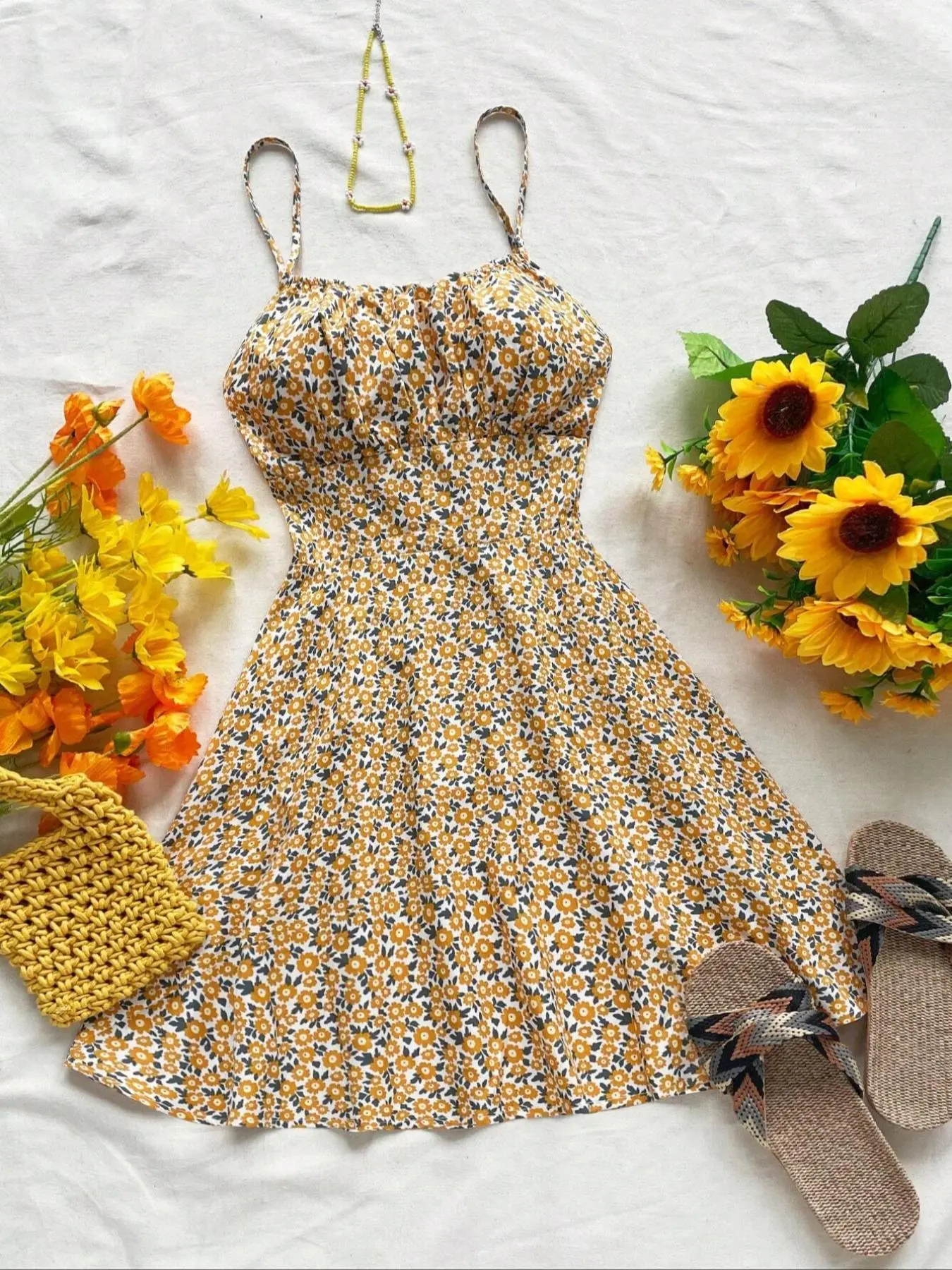 Women's Floral Print Cami Dress, Casual Sleeveless Spaghetti Strap A Line Dress for Summer, Ladies Clothes for Beach Holiday Vacation