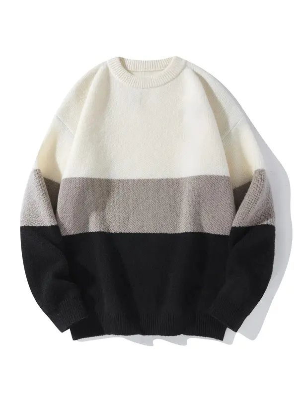 Unisex Men's Loose Colorblock Striped Print Drop Shoulder Crew Neck Sweater, Casual Long Sleeve Round Neck Jumper Tops for Fall & Winter, Menswear 2