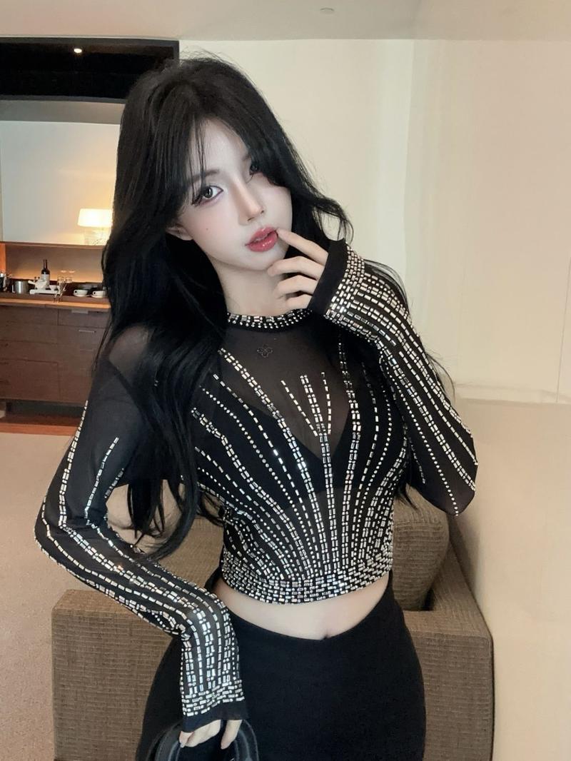 Product Introduction of Affordable Luxury Style Heavy Embroidery Hot Drilling Slim-Fit Short Long Sleeve Bottoming Shirt American Sexy See-through Sweet Cool Girl Mesh T-shirt Women 7