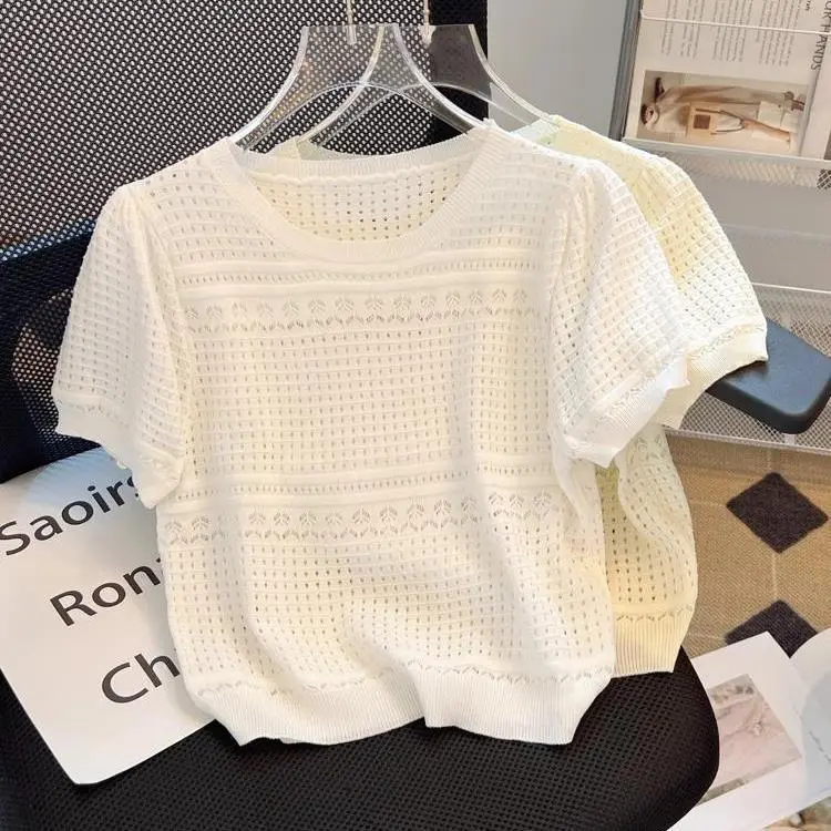 2024 New Ice Silk Sweater Women's White Summer round Neck Hollow-out Short-Sleeved T-shirt Thin Pullover Top