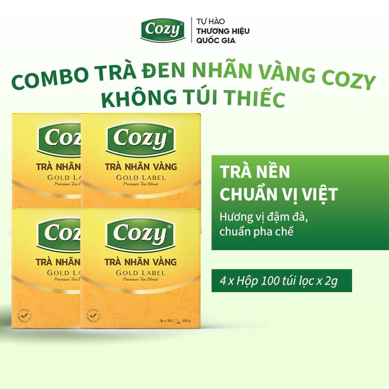 Combo Trà Đen Nhãn Vàng Cozy Tea 100 Túi Lọc Dùng Pha Trà Chanh, Trà Tắc, Trà Hoa Quả Tiện Lợi, Đậm Chất Thơm Nồng, Nâng Tầm Pha Chế