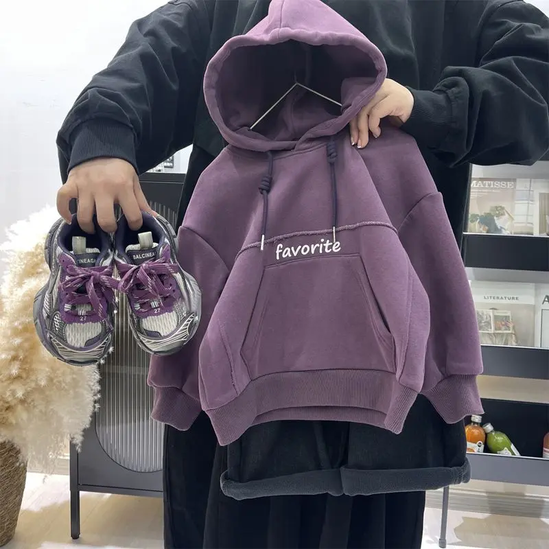 Áo Nỉ Có Mũ Trùm Đầu Lông Cừu, Một Mảnh, Dành Cho Trẻ Em, Unisex, Bé Trai Và Bé Gái, Áo Hoodie Trẻ Em Bé, Hợp Xu hướng, Dễ Thương, Lót Lông Cừu, Màu Tím, Thích Hợp Cho Mùa Thu Và Mùa Đông, Năm 2025