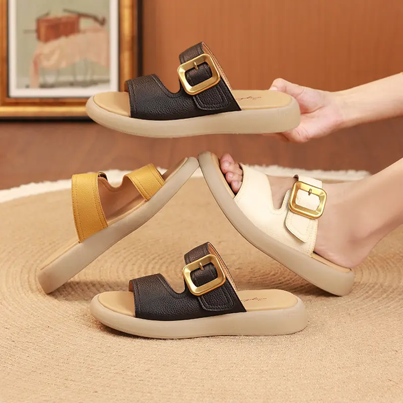 Dép Da Cao Cấp Dành Cho Nữ AG0327, Mẫu Dép Xăng Đan Đế Bằng Hoạ Tiết Quai Ngoang Nữ Tính Tiện Lợi Thoáng Khí Đi Bốn Mùa DéP Cao Su