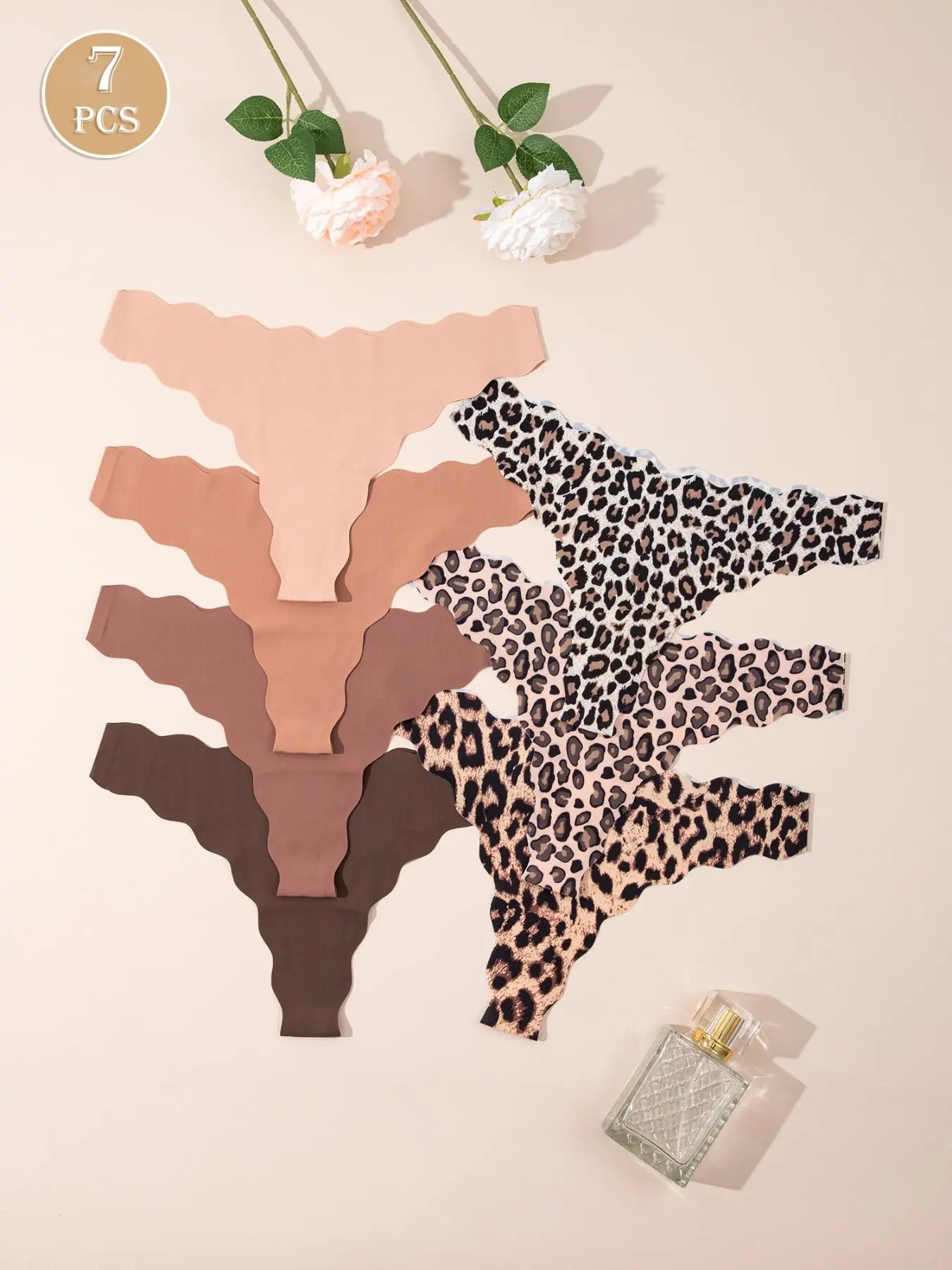 Women's Solid Color/Leopard Print Scallop Trim Thong, Soft Comfortable Breathable Seamless Panty for Daily Wear, Women's Pastel Underwear for All Seasons