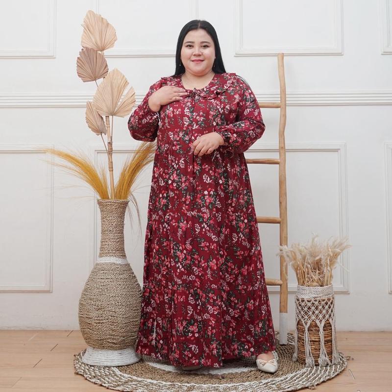 Product Introduction of Midi dress jumbo LD 130 rayon premium-Gamis rayon jumbo LD 130 muat BB 100kg busui motif bunga model A-line Maksi dress rayon jumbo LD 130 oversize-Midi dress rayon ld 130 jumbo motif bunga 4