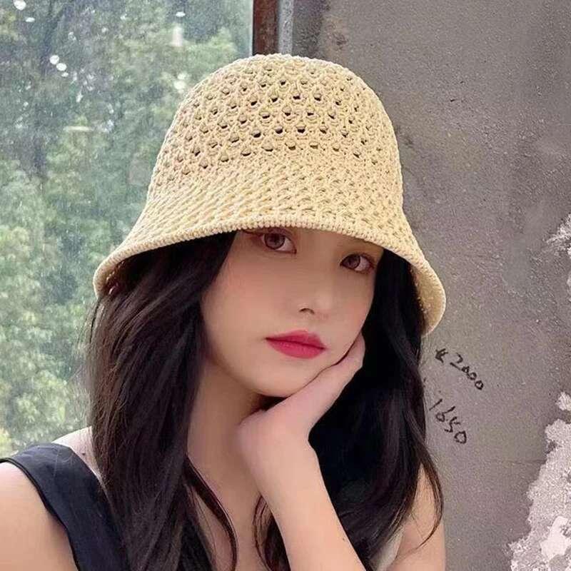 Bucket Spring Summer Hollow Knitted Hat Solid Color Sunhat Fisherman Caps Casual Foldable Beach Cap 2