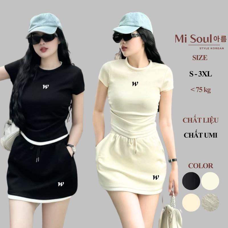 Set Bộ Thêu Chữ W Áo Dúm Eo Chân Váy A Có Lót Quần Viền Trắng Bigsize Misoul, Bộ Chân Váy Áo Nhún Sườn Phối Trắng 290 Nữ Top Nhung Đen