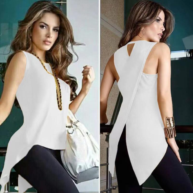 Product Introduction of Áo Thun Hở Eo Chéo Lưng Bất Đối Xứng Phong Cách Âu Mỹ Áo Không Tay Gợi Cảm, Màu Trơn Cổ Tròn, Xu Hướng Năm 2024 19