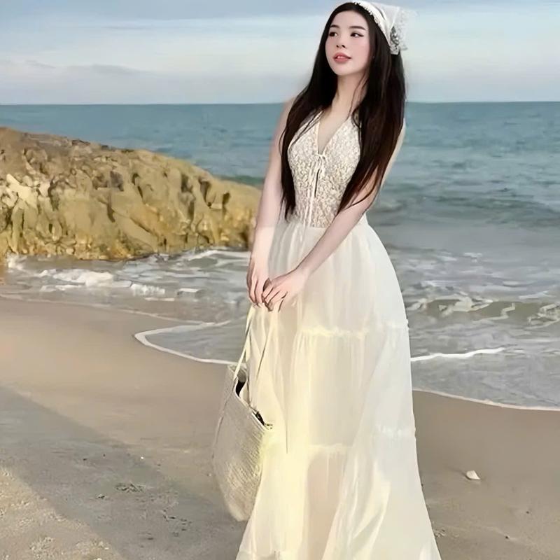 Đầm váy nữ ren thiết kế cổ V cột dây nơ phối váy voan tơ xòe xinh xắn tông dáng cho các nàng diện đi ,chơi biển.women top. 1