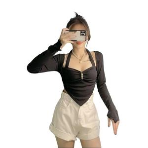 Áo kiểu trễ vai tay dài cổ khoét có vạt nhọn shop Tiến Linh. Nữ Women Top Nhung Đen Voi Sơ Mi Sơ Mi Sơ Mi