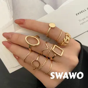 [Swawo] Cincin Set 11 Pcs Koleksi Cincin Jari Warna Emas Perak Motif Geometris Wanita Fashion Unik A769