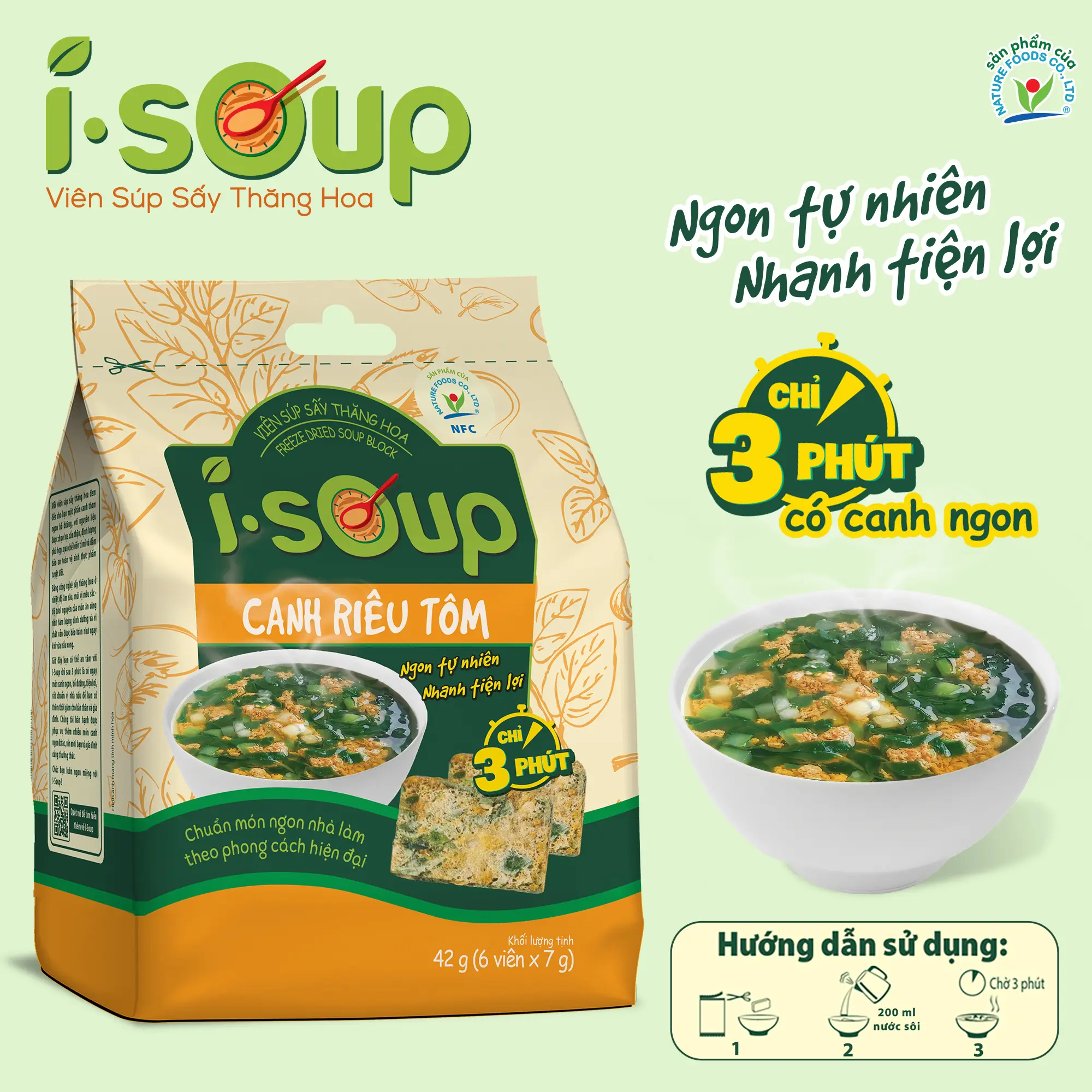 Canh Riêu Tôm Ăn Liền ISOUP 42g 06 Viên - Viên Canh Ăn Liền Sấy Thắng Hoa