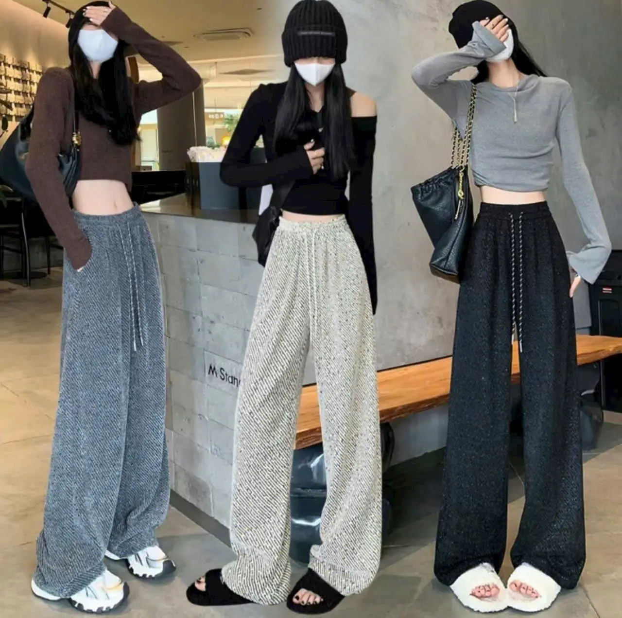 Quần Nỉ Dạ Nhung Chéo Lấp Lánh Dày Dặn Nhiều Màu, Quần Ống Rộng Họa Tiết Cạp Cao Nữ Hot Trend