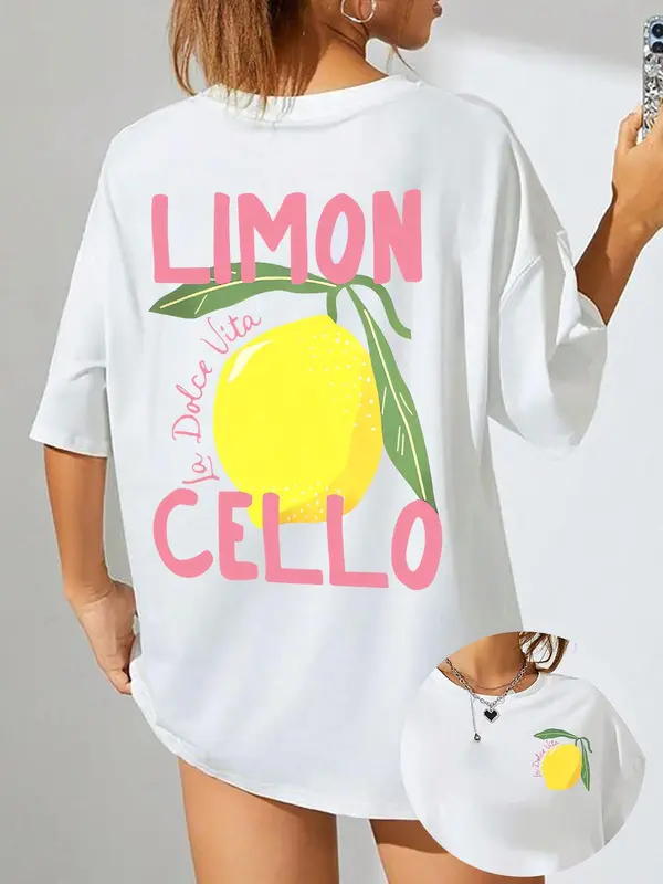 Women's Lemon Print Round Neck Tee, Casual Short Sleeve Crew Neck T-Shirt for Summer, Fashion Women's Top for Daily Wear 0