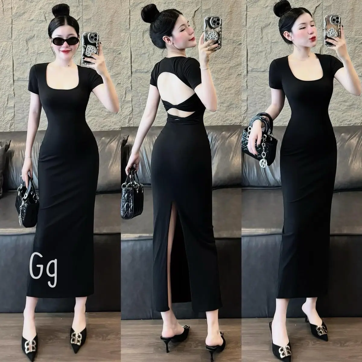 Đầm cổ vuông tay ngắn sau lưng 2 xoắn , ôm body dáng dài trơn cực hot
