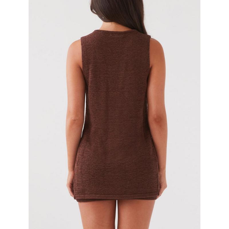 Women Set Solid Color Deep V Neck Sleeveless Tank Tops Elastic Waist Skirt 2pcs Outfit 7