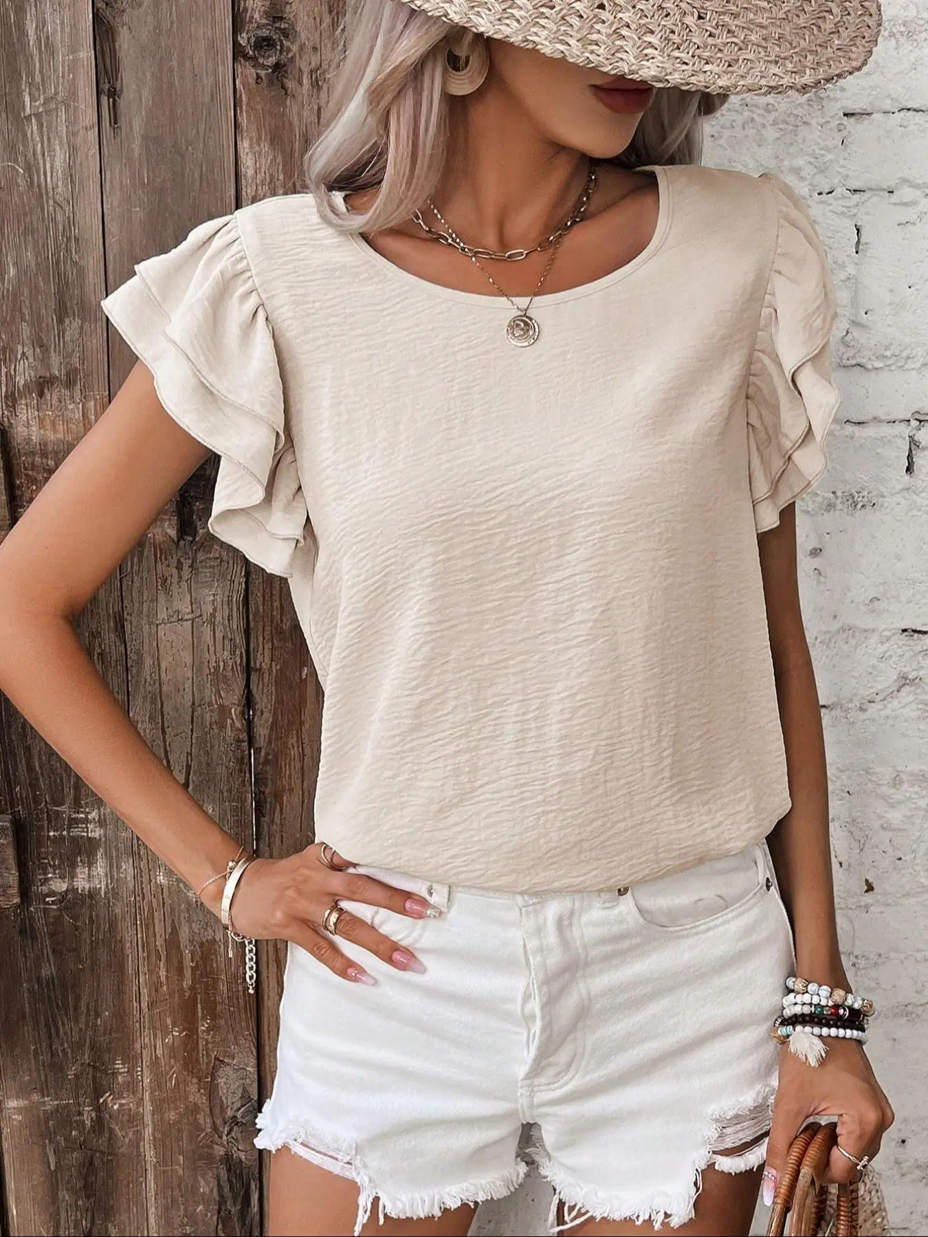 Women's Plain Round Neck Blouses, Casual Top for Summer, Ladies Clothes for Daily Wear
