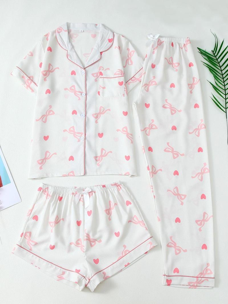 Product Introduction of Three-piece Set Women's Heart Print Top & Pants & Shorts Pyjama Set, Casual Comfy Round Neck Short Sleeve Top & Trousers & Shorts Pj Set, Ladies Sleepwear for All Seasons 7