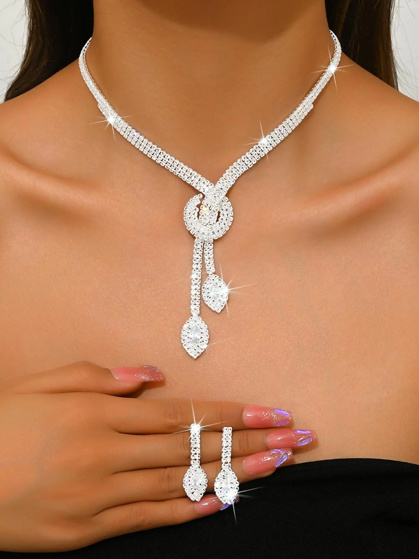 Women's Elegant Rhinestone Decorated Necklace & Dangle Earrings, Exquisite Trendy Jewelry Set, Fashionable Accessories for Party & Daily Clothing Decor