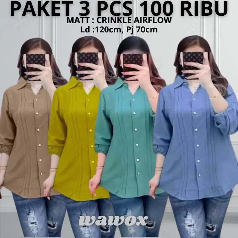 KEMEJA CRINKLE 100 RIBU DAPAT 3 PCS KEMEJA JUMBO M L XL XXL 3XL BLOUSE CRINKLE AIRFLOW Garis Panjang kemeja  viral blouse baju floral kemeja  bordir