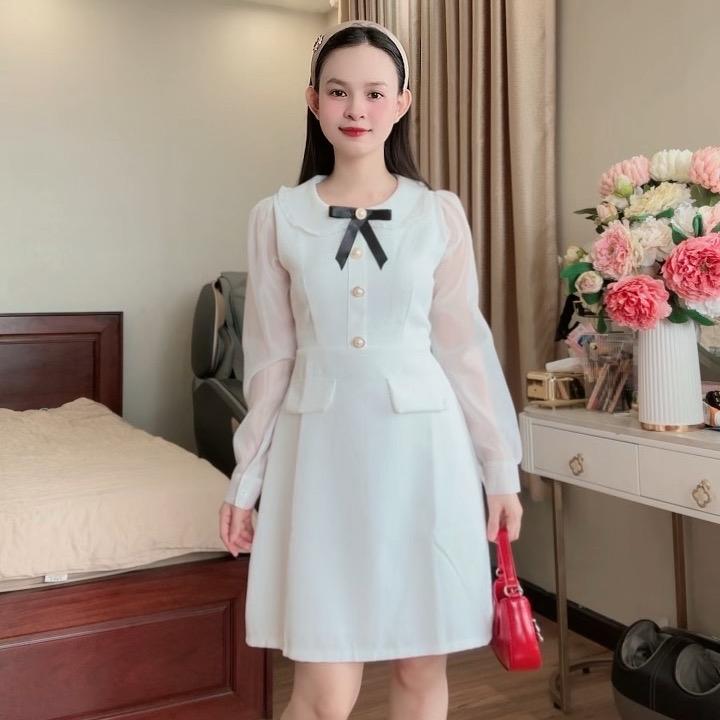 Đầm trắng dự tiệc dài tay chất liệu linen gân 2 lớp tặng tag nơ cho nữ - Women Nữ Dress Kem Màu Trắng váy trang Có Cổ