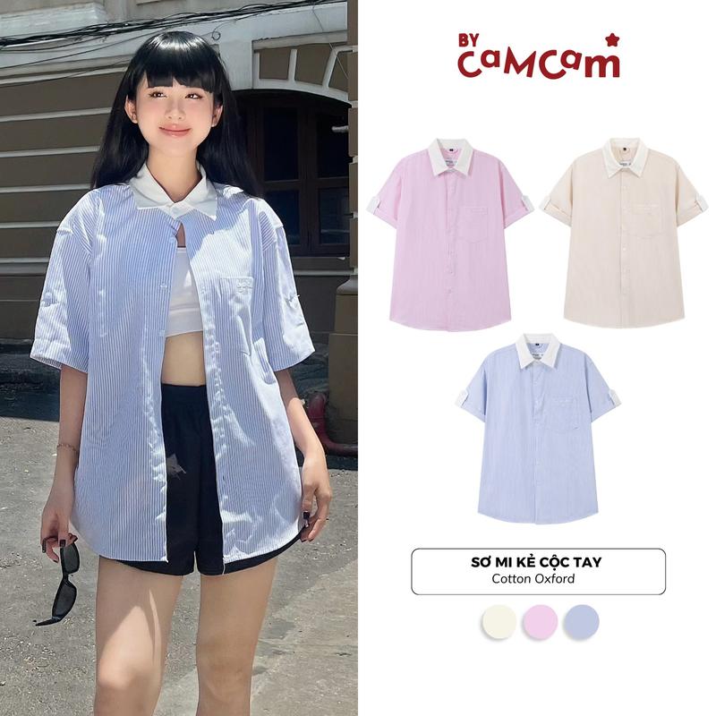 Áo SƠ MI KẺ CỘC TAY Vải OXFORD Phối Cổ Trắng Dáng Rộng Phong Cách Hàn Quốc Xuân Hè 2024 Nam Nữ
