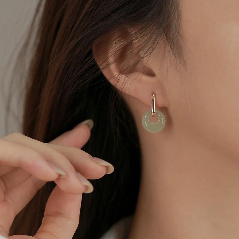 Khuyên Tai Tròn, Màu Vàng Tinh Tế Dành Cho Nữ, Mặt Dây Chuyền Ngọc Bích Hòa Điền Giả, Phụ Kiện Khóa Tai, Tuyệt Vời Làm Quà Tặng 7