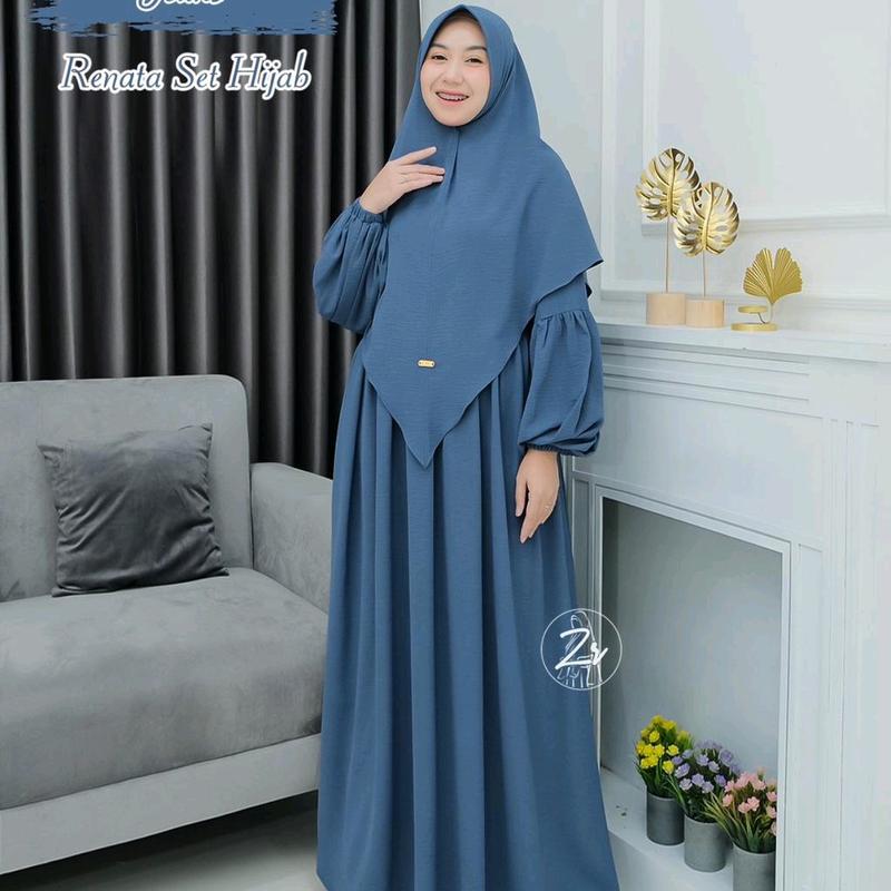 GAMIS RENATA SET HIJAB ORI ZR CRINKEL PREMIUM // GAMIS CRINKEL DEWASA Polos Putih Hitam Navy Dress Karet Wanita Muslim Crinkle  Airflow Wudhu Panjang Manset Kantong 1