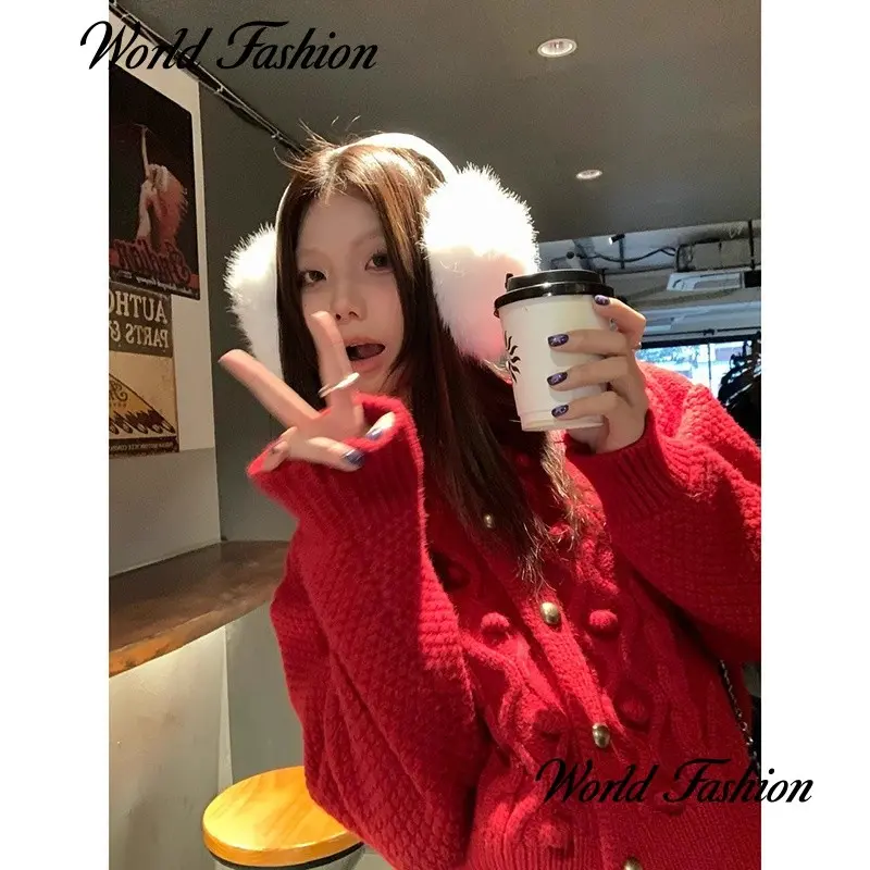 Áo Len Co Giãn Xoắn Màu Đỏ Cổ Điển Worldfashion, Dành Cho Nữ, Mặc Mùa Đông, Phong Cách Lười Biếng, Dáng Rộng Vừa Vặn, Chiều Dài Ngắn, Thích Hợp Để Đan Móc, Phong Cách 20241013