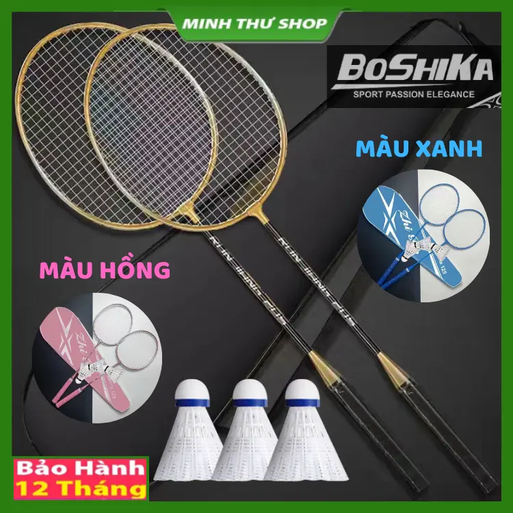 Bộ 2 chiếc vợt cầu lông Boshika, bộ vợt cầu lông giá rẻ bền đẹp tặng kèm bao đựng và 3 quả cầu nhựa