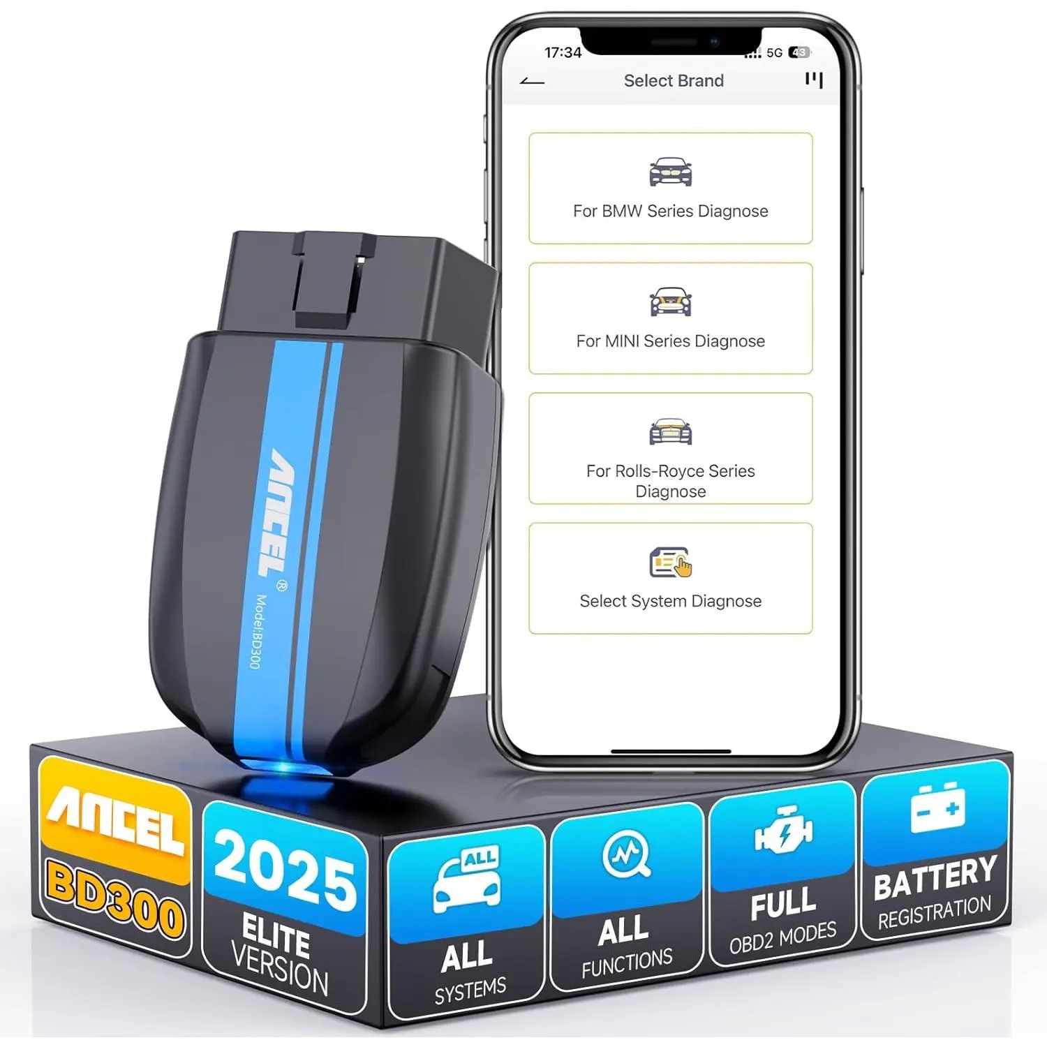 ANCEL BD300 OBD2 Scanner Bluetooth Fits for BMW Full System Code Reader Fits for BMW Diagnostic Tool with Battery Registration Tool Service EPB CBS ETC ABS Airbag & Powerful OBD2 Scanner