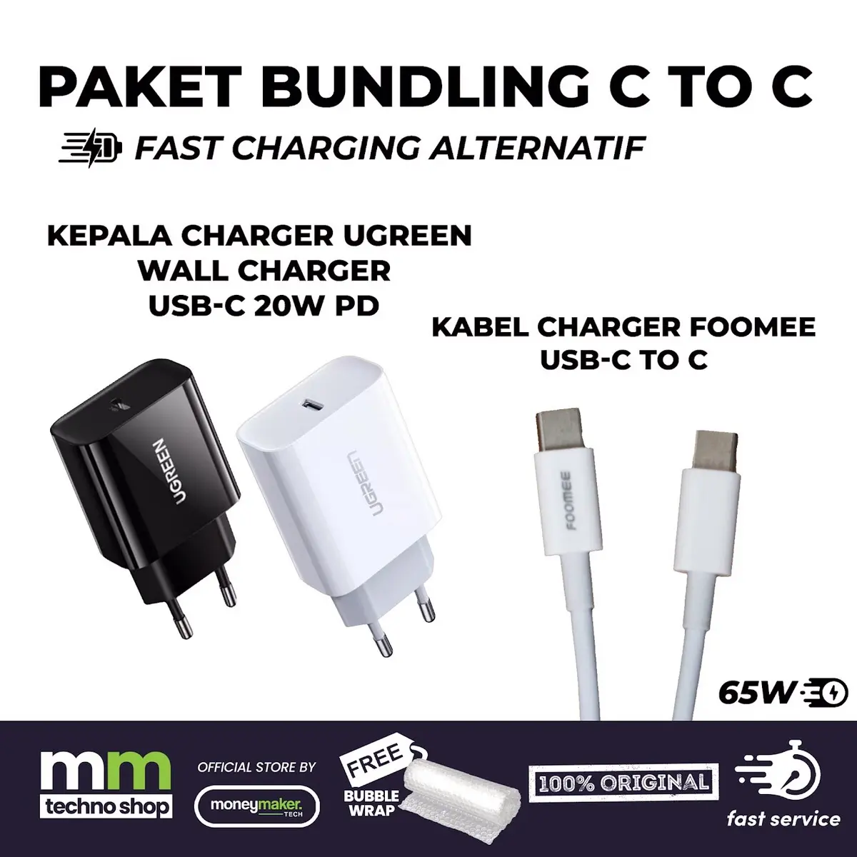 [ADP002 B/W & C006FM] Adaptor ugreen 20w + Cable foomee FD103-C
