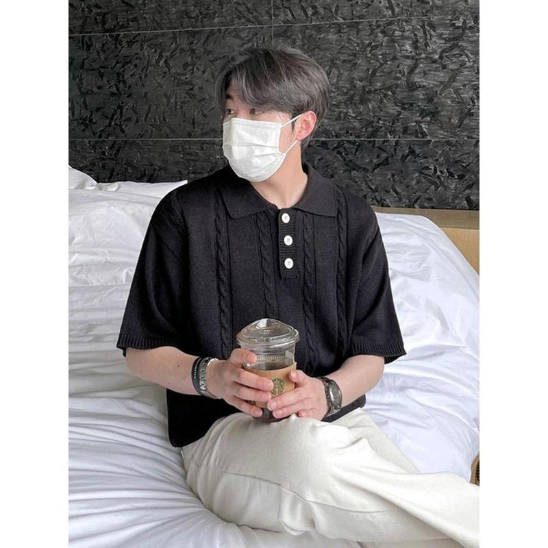 【Xả Hàng Áo Polo Len Mỏng Dệt Kim Họa Tiết Xoắn Thừng Phong Cách Hàn Quốc Menswear Nam