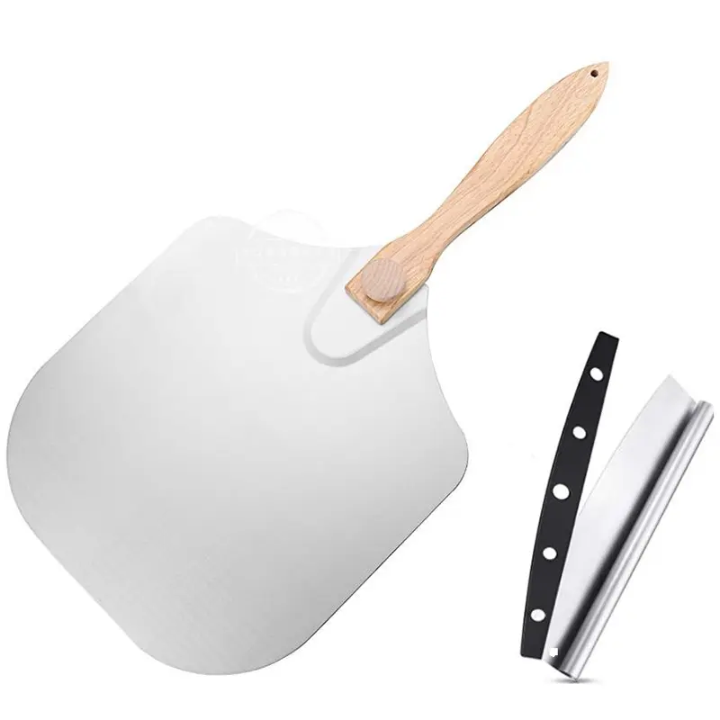 2 Pieces Pizza Peel Foldable Wooden Handle Pizza Peel and Stainless Steel Pizza Cutter Rocker Knife with Blade Cover