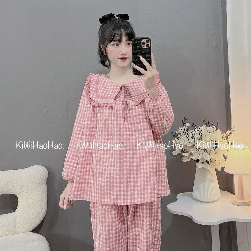 Bộ Bầu Dài Caro Chất Đũi Hàn Cao Cấp Mềm Mịn , Mặc Cả Sau Sinh Áo Có Khóa Tu Ti Đầm Bầu 4