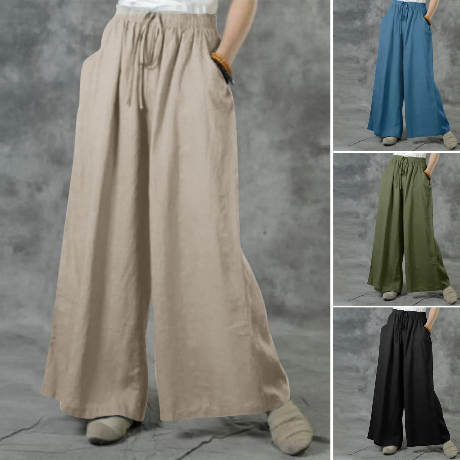 gngingy Elastic Waistband Mid-Rise Drawstring Slant Pockets Women Trousers Casual Oversized Straight Wide Leg Pants Female Clothing
